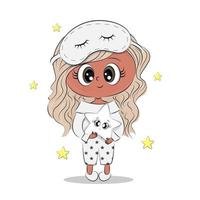 Cute little girl, wearing pajamas and sleep mask, cute baby illustration, for card design, print on textile, t-shirt or gift box, kids room decoration, vector illustration