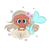 Cute little mermaid with seashell and water bubbles, print for kids room, baby shower, greeting card and baby t-shirt and fashion design, hand drawn baby illustration, vector