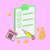 Tax calculation, calculator, sheet of paper, pencil and golden coins, 3d render vector illustration