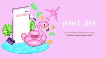 Time to travel, inflatable flamingo, plane, monstera leaves, smartphone, card, money and swimming pool 3d render, Time to travel with text in empty space, editable, vector illustration.