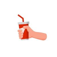 Hand hold drink. Red glass with soda and straw vector