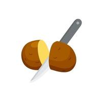 Sliced Potatoes with knife. Piece of brown root vegetable. vector