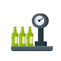 Bottles on scales. Shopping at grocery and alcohol store. Weighing product. Decoration for store and counter. Beer in a green package. Flat cartoon vector