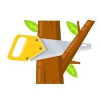 Saw cut tree branch. Tool of lumberjack. Care of forest. vector