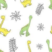 Seamless pattern with dinosaurs and tropical leaves on white vector