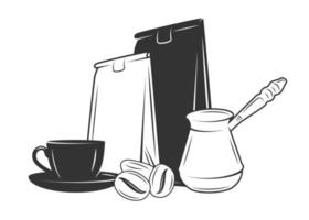 juego de café de tazas, envases turcos y granos de café vector