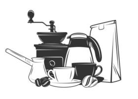 Set of turks, packaging, coffee grinders and coffee makers vector