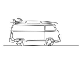 Continuous one line drawing of an vintage van with surfboard vector