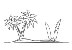 Continuous one line drawing of an island with palm trees and surfboards vector