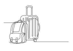 Continuous one line drawing of an vintage backpack and suitcase vector