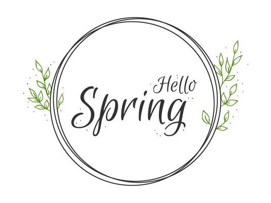 Spring lettering. Vector illustration with texture on a white background. A frame of black rings and green foliage.