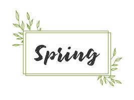 Spring lettering. Vector illustration with texture on a white background. A frame of green branches and leaves.