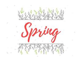 Spring lettering. Vector illustration with texture on a white background. A frame of green branches and leaves.