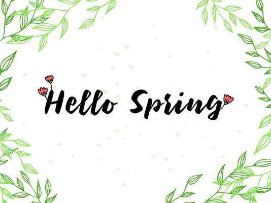 Spring lettering. Vector illustration with texture on a white background. A frame of green branches and leaves and pink flowers.