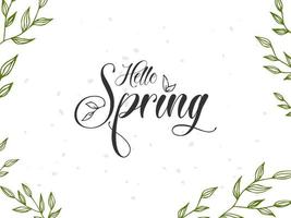 Spring lettering. Vector illustration with texture on a white background. A frame of green branches and leaves.