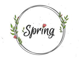 Spring lettering. Vector illustration with texture on a white background. A frame of black rings, pink flowers and green foliage.