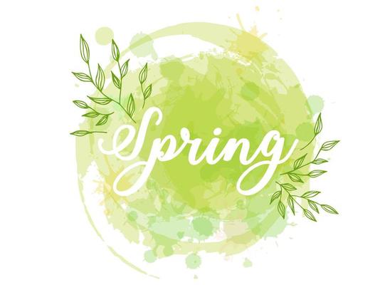 Spring lettering. Vector illustration with texture on a white background. Watercolor circle and green leaves and branches.