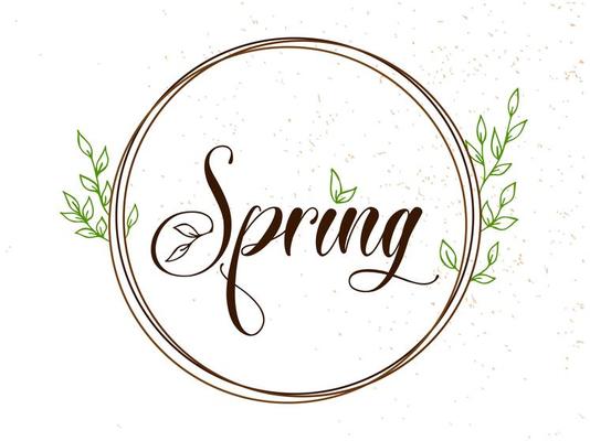 Spring lettering. Vector illustration with texture on a white background. A frame of brown rings and green foliage.