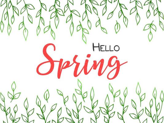 Spring lettering. Vector illustration with texture on a white background. A frame of green branches and leaves.