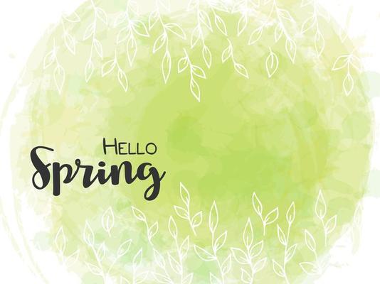Spring lettering. Vector illustration with texture on a white background.A frame of white branches and leaves on a green watercolor backround.