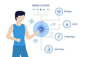 diseño vectorial de un hombre que sostiene un teléfono inteligente mientras hace ejercicio y escucha música vector