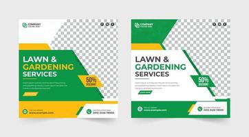 Lawn and gardening service social media post. Plantation and lawn mowing banner. Agro farming service social media banner. Lawn garden and farming service. Organic farm service template. vector
