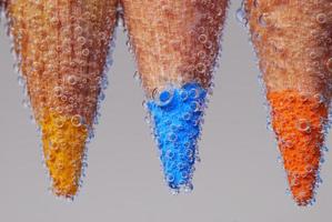 three colored pencil tips in the water close up with bubbles
