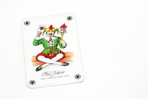 playing card joker winner luck of game left on white photo