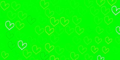 Fondo de vector verde claro, amarillo con corazones.