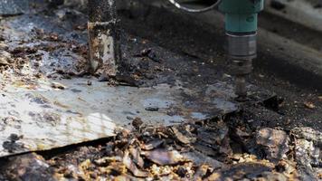 Workers are using screwdrivers to repair steel roofs. photo