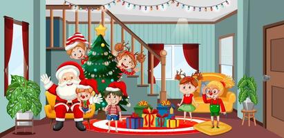 niños celebrando la navidad con santa claus vector