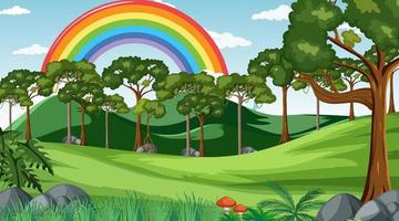 escena del bosque natural con arco iris en el cielo vector