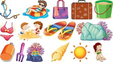 conjunto de objetos de playa de verano y personajes de dibujos animados vector