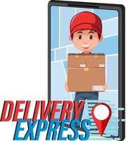 Delivery Express wordmark with courier on smartphone display vector