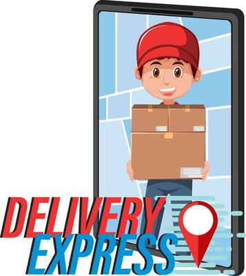 Delivery Express wordmark with courier on smartphone display