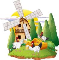 An isolated scene with a group of chickens in cartoon style vector