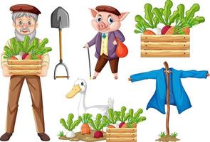 Set of farm objects and farmer cartoon character vector