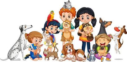 Children playing with their dogs in cartoon style vector