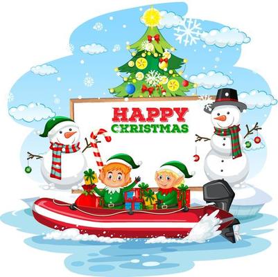 Empty banner with Christmas elves delivering gifts by a boat