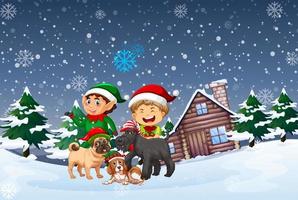 Snowy winter night with elves and dogs vector