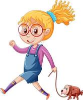 niña adolescente caminando con un personaje de dibujos animados de mascotas en fondos blancos vector