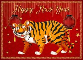 feliz año nuevo con tigre sobre fondo rojo vector