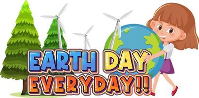 banner del logotipo diario del día de la tierra con una niña sosteniendo un globo terráqueo vector