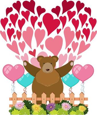 Valentine theme with a bear and heart icons in cartoon style