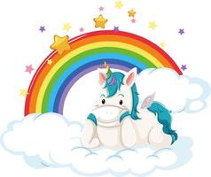 lindo unicornio acostado en una nube con arco iris vector