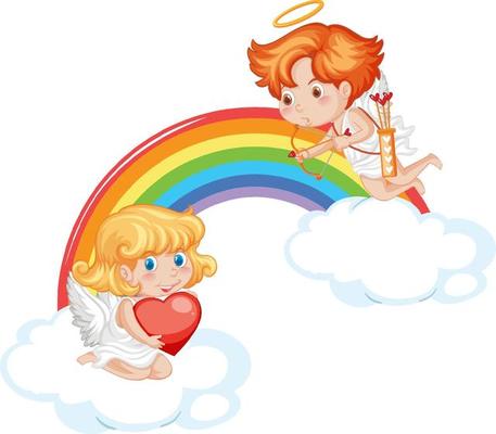 Angel boy and girl on a cloud with rainbow