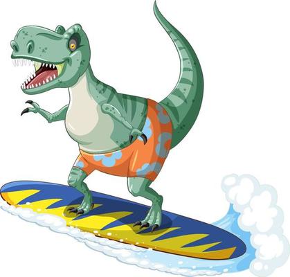 Tyrannosaurus rex dinosaur on surfboard in cartoon style