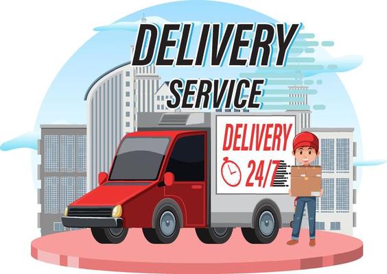 Delivery Service logo with panel van and courier cartoon character