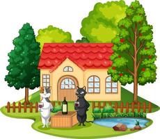 Two cats drinking wine in front of house vector