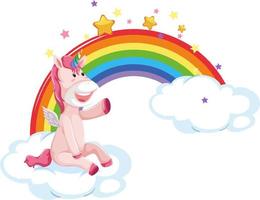 Pink unicorn sitting on a cloud with rainbow vector